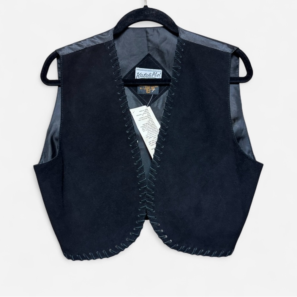 Vintage NWT Katch Me! Cropped Black Suede Leather Vest